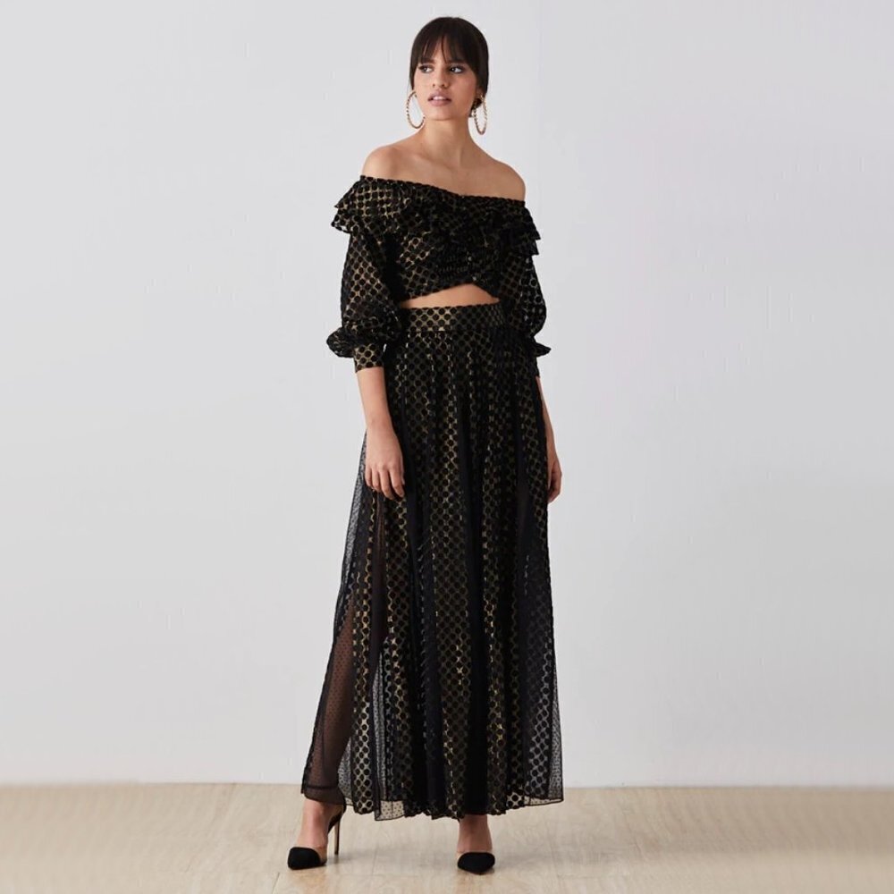 NWT Rococo Sand black & gold polka dot stripe semi-sheer crop top